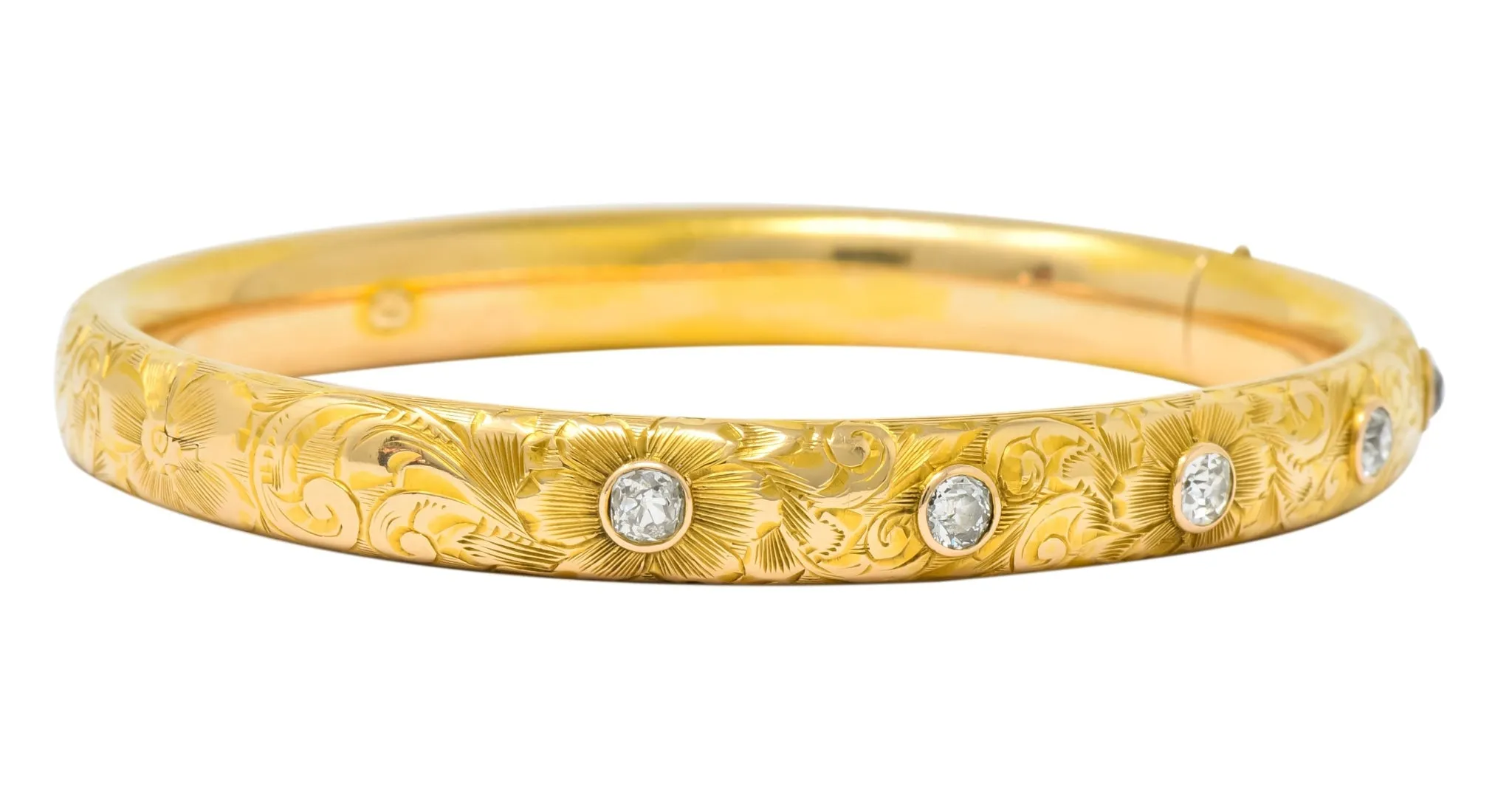 Victorian 1.00 CTW Diamond 14 Karat Gold Floral Bangle Bracelet Circa 1900