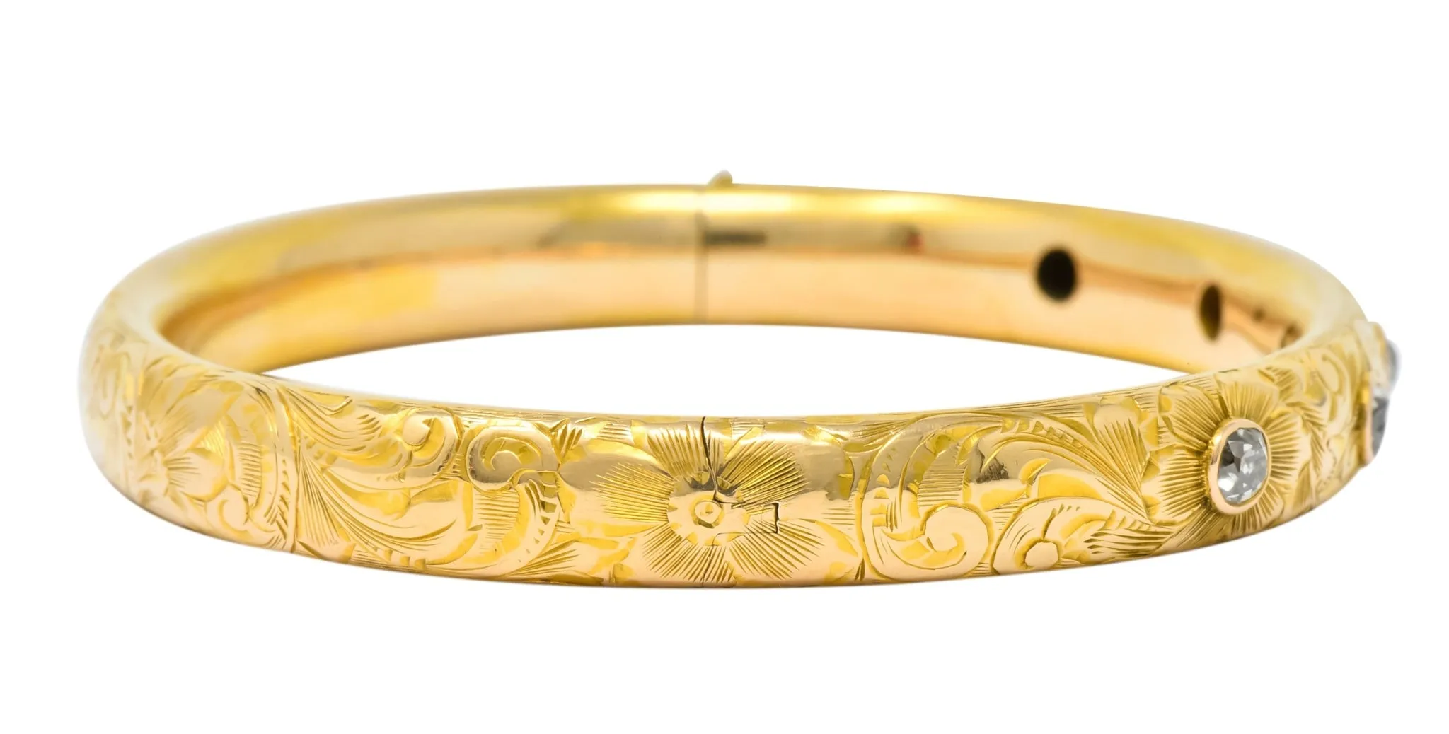 Victorian 1.00 CTW Diamond 14 Karat Gold Floral Bangle Bracelet Circa 1900