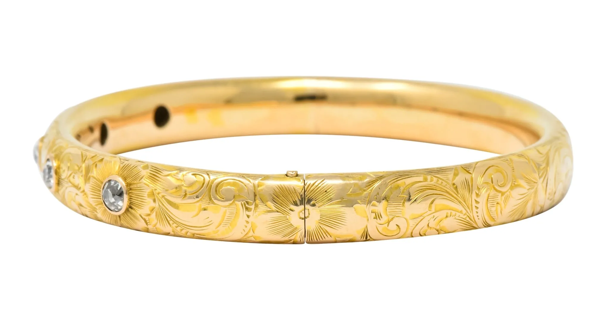 Victorian 1.00 CTW Diamond 14 Karat Gold Floral Bangle Bracelet Circa 1900