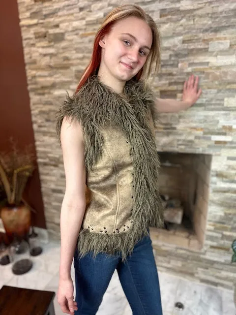 Vintage look Coated faux suede vest with fur (GF21112)