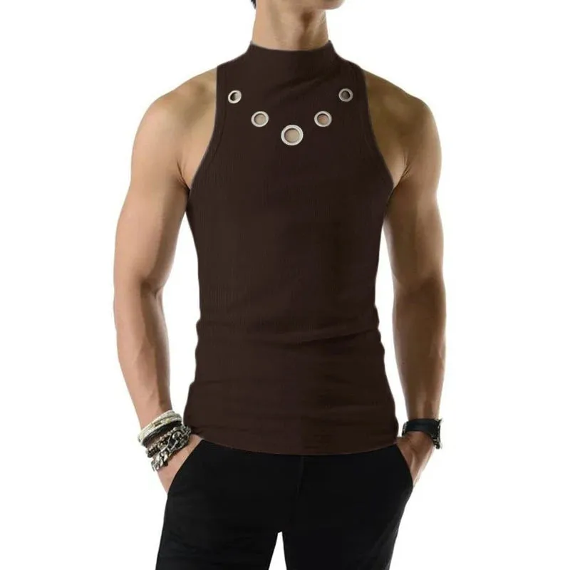 Xituodai Fashion Men Tank Tops Hollow Out Solid Turtleneck Sleeveless Male Vests Streetwear Summer 2024 Casual Men Clothing S-5X