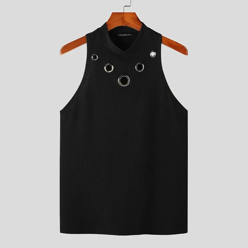 Xituodai Fashion Men Tank Tops Hollow Out Solid Turtleneck Sleeveless Male Vests Streetwear Summer 2024 Casual Men Clothing S-5X