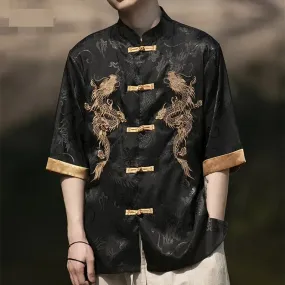 Xituodai Summer Chinese Traditional Dress Plus Size High Quality Dragon Embroidery Shirt Men Clothing Ice Silk Short Sleeve Vint