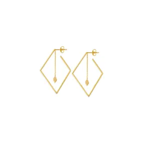 Yellow Gold Open Diamond Shaped Dangle Chain Earrings